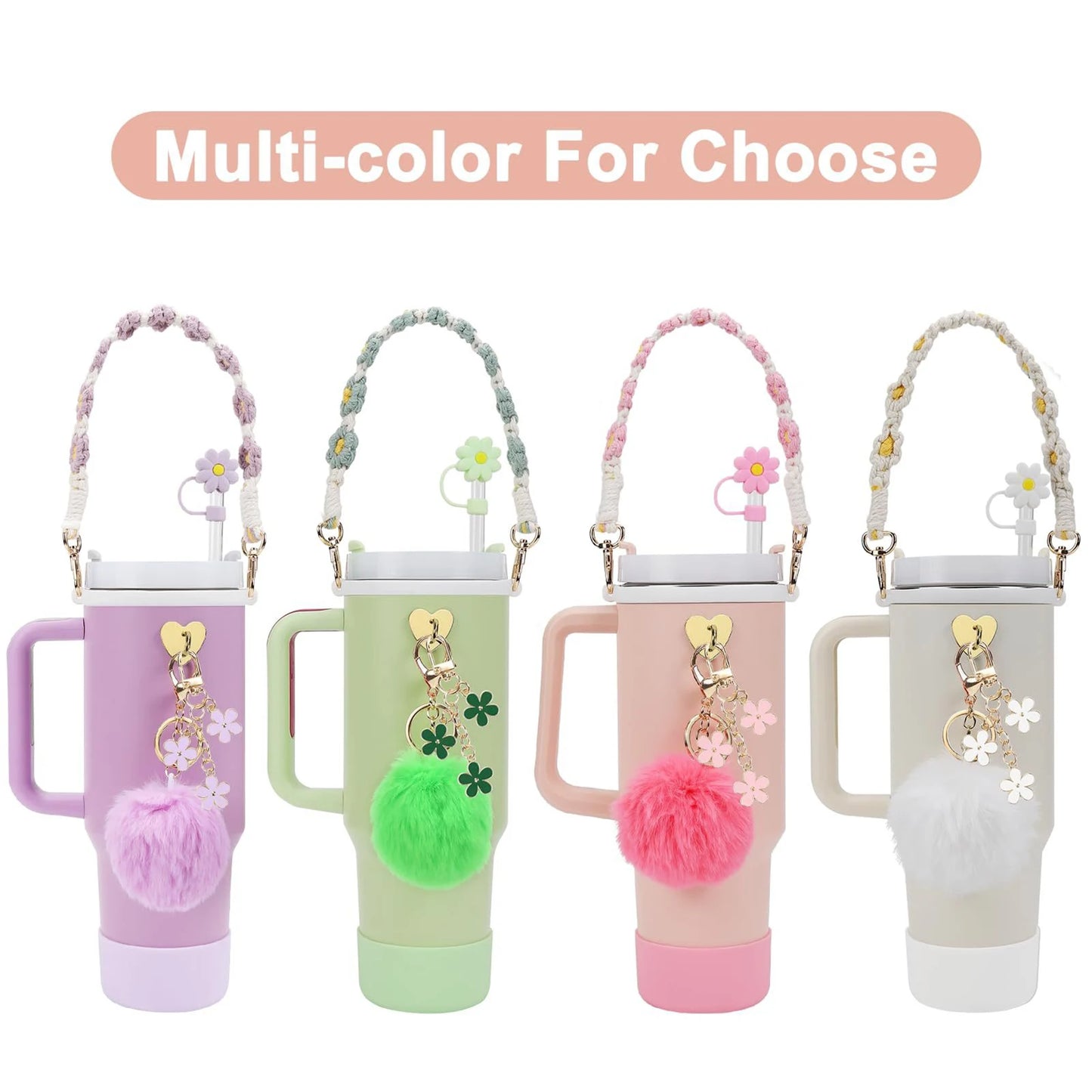 7Pcs Accessory Set For Stanley Cup Pink Flower Water Bottle Handle Strap Straw Protect Cover Fashion Charms Pendant Decoration