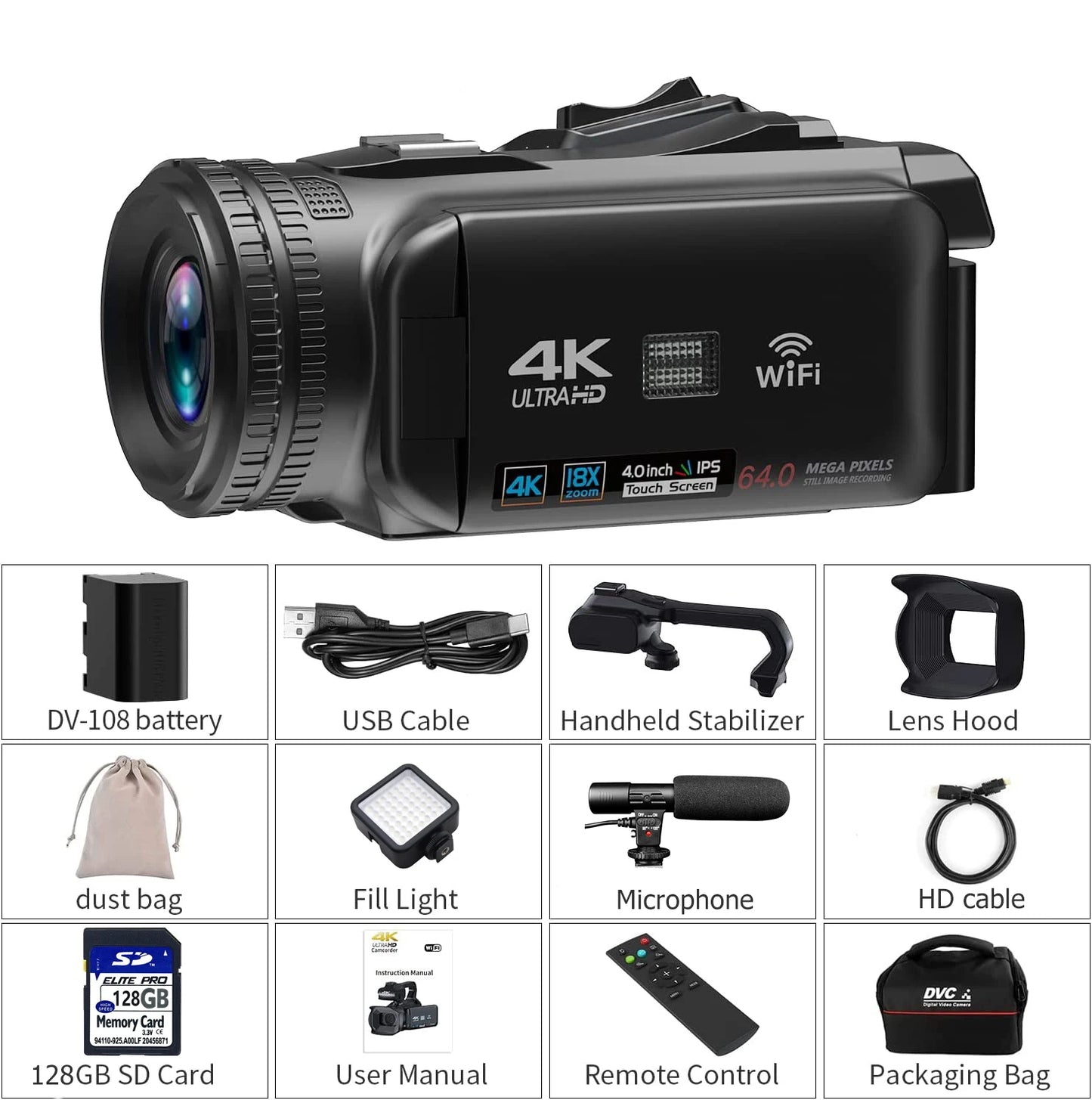 Professional Video Camcorder 4K Auto Focus Vlogging Camera for YouTube 64MP 60FPS WiFi Webcam 4" Touch Screen 18X Digita