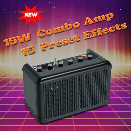 VSN Mini Guitar Amplifier,15W Combo Amp,15 Preset Effects Amp, Small Practice Guitar Amp with Bluetooth Portable Rechargeable