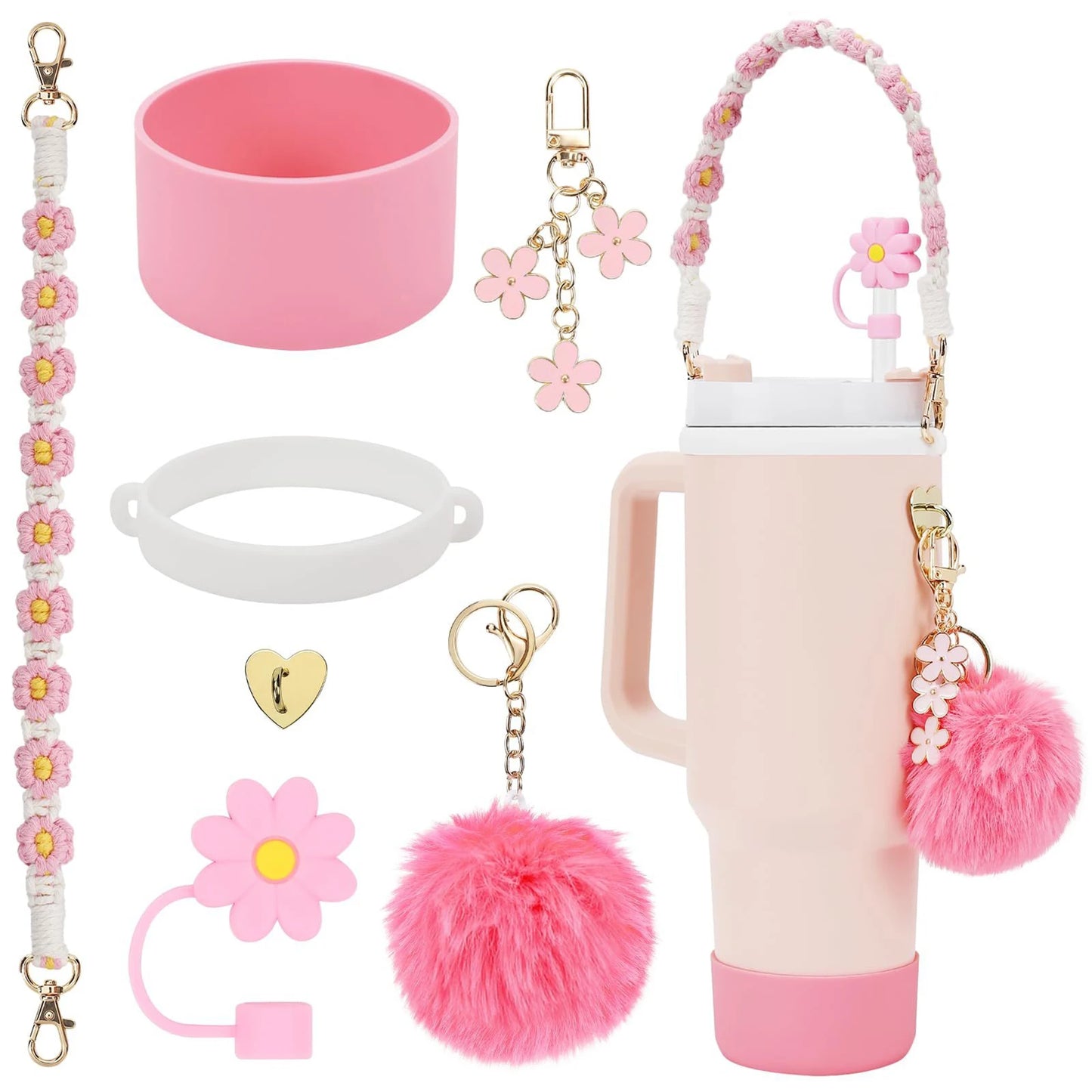 7Pcs Accessory Set For Stanley Cup Pink Flower Water Bottle Handle Strap Straw Protect Cover Fashion Charms Pendant Decoration