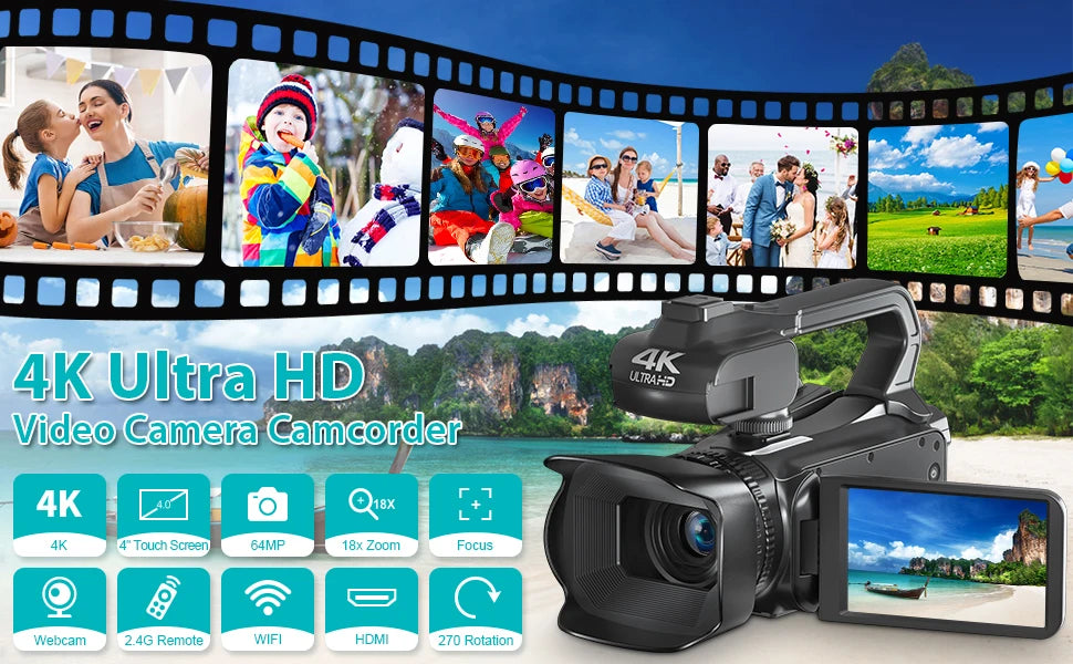 Professional Video Camcorder 4K Auto Focus Vlogging Camera for YouTube 64MP 60FPS WiFi Webcam 4" Touch Screen 18X Digita