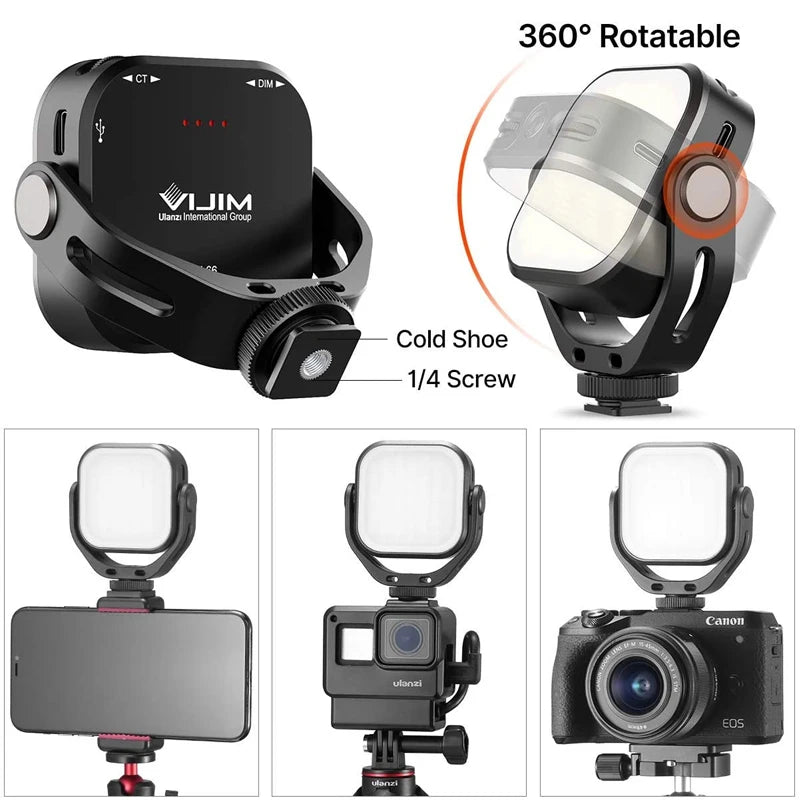 Ulanzi Vijim VL66 Adjustable LED Video Light with 360 Rotation Mount Bracket Rechargable DSLR SLR Mobile Portable Fill Light