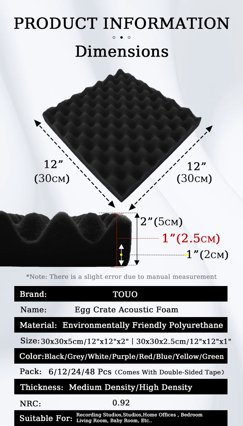 TOUO Acoustic Foam 6/12/24/48Pc Acoustic Sponge Sound Insulation Sound-absorbing Soundproof Foam Panels Ceiling Acoustic Esponja