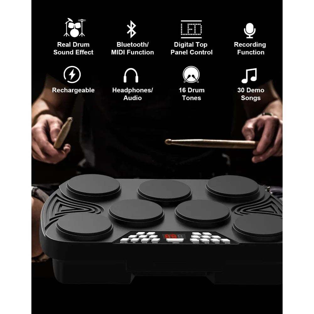 Portable Electronic Drum Kit, Desktop Electric Drum Kit, 7 Pad, Digital Drum Pad Machine