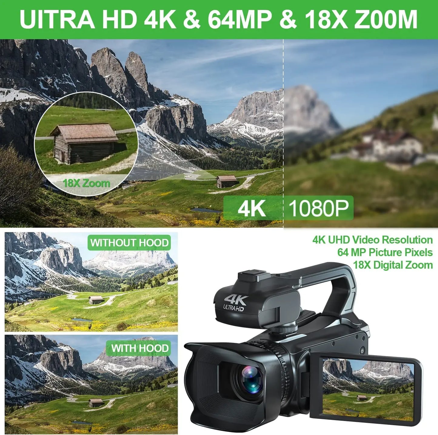 Professional Video Camcorder 4K Auto Focus Vlogging Camera for YouTube 64MP 60FPS WiFi Webcam 4" Touch Screen 18X Digita