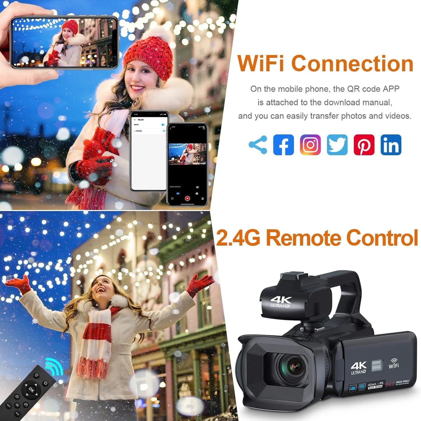 Professional Video Camcorder 4K Auto Focus Vlogging Camera for YouTube 64MP 60FPS WiFi Webcam 4" Touch Screen 18X Digita