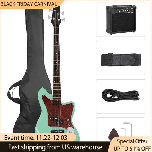 Electric Bass Guitar 4 String Beginner Kit W/20w Amp, Full Size Bass with Digital Tuner,Amp Cable, Strap, Electric Bass Guitar