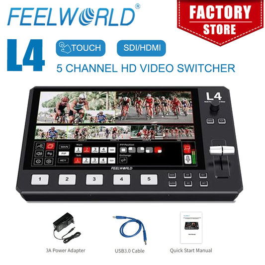 FEELWORLD L4   5-Channel Video Mixer Switcher With 10.1 Inch Touch Screen 4xHDMI 1xSDI Inputs Chroma Key USB3.0 Live Streaming